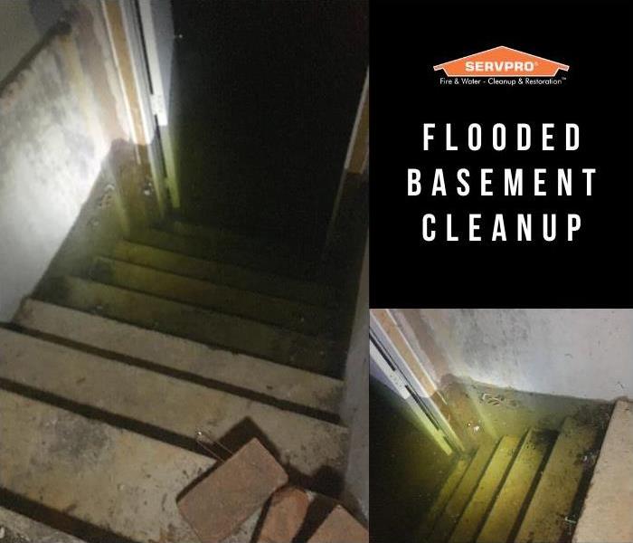 flooded basement filled with four feet of water, reaching almost to top of basement entrance from outside